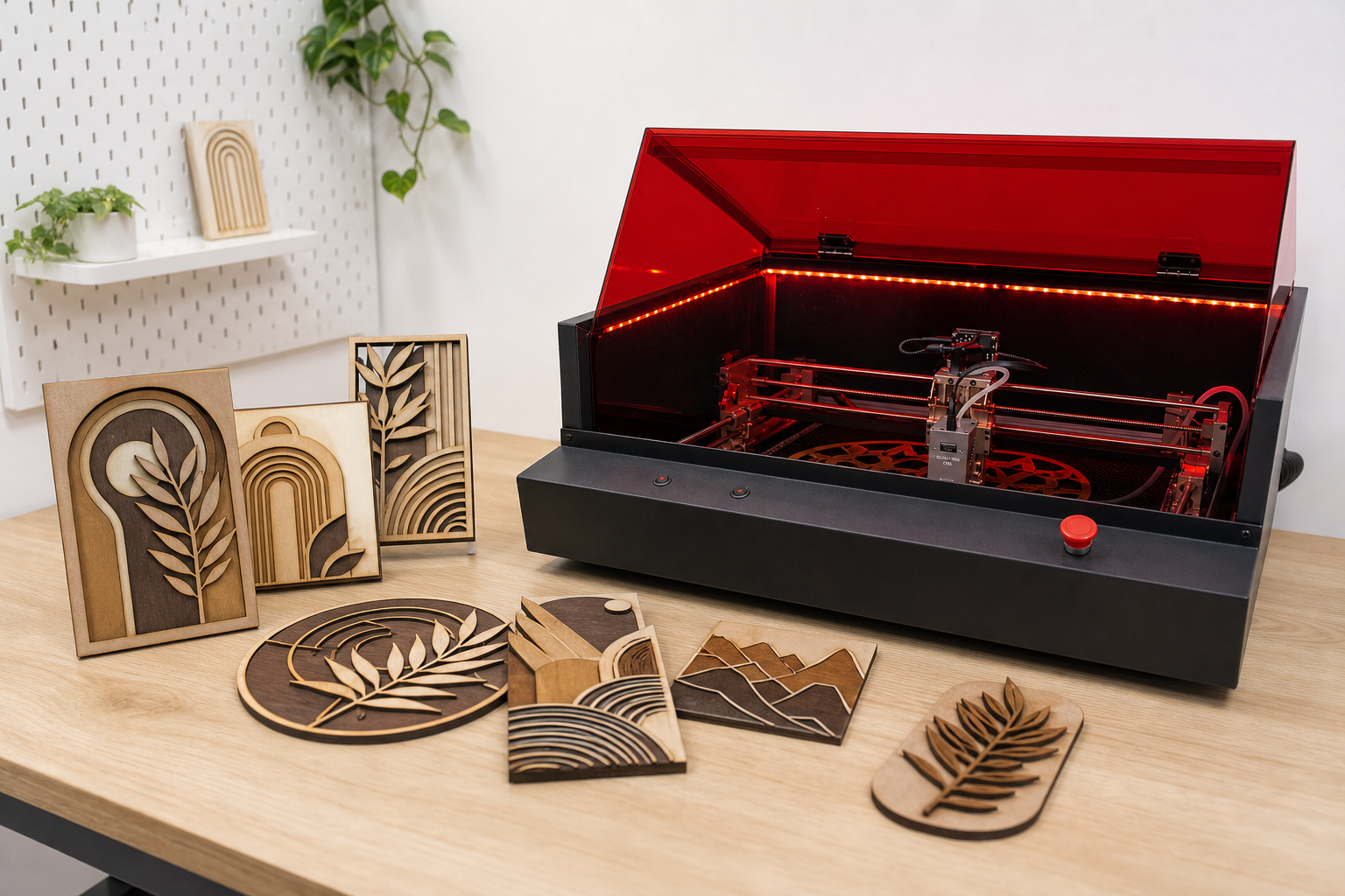 CNC Magia Roja junto a una colección de arte mural cortado en madera