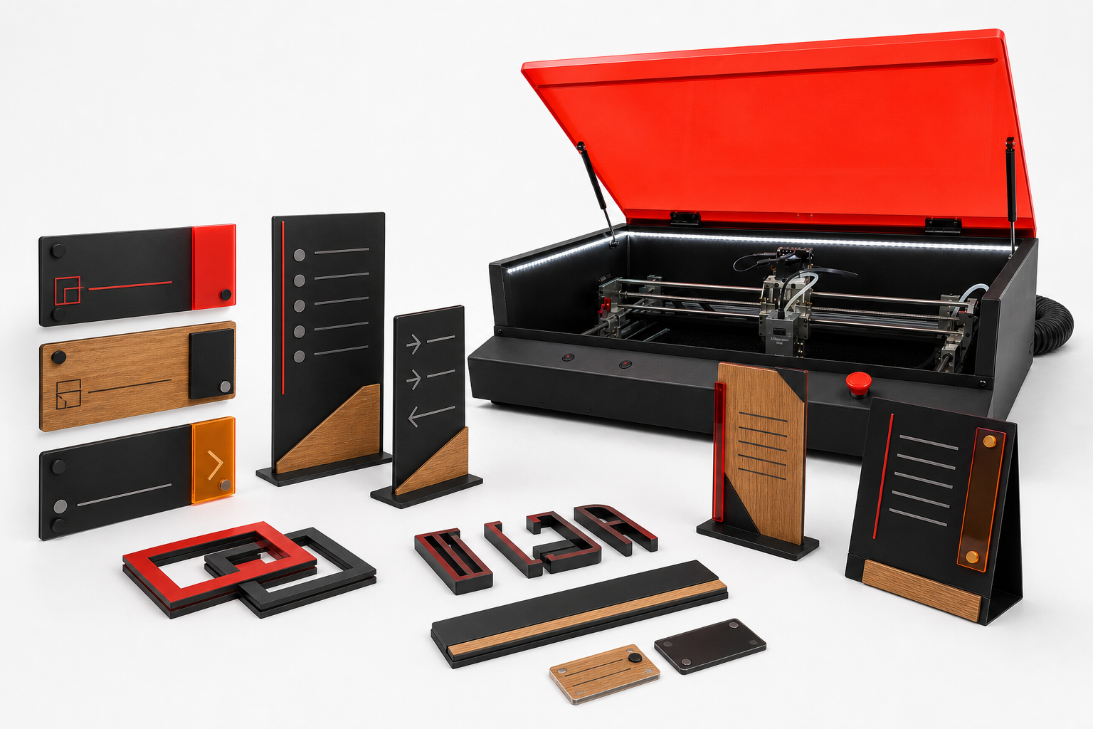 Colección de señalización corporativa junto a la CNC Magia Roja
