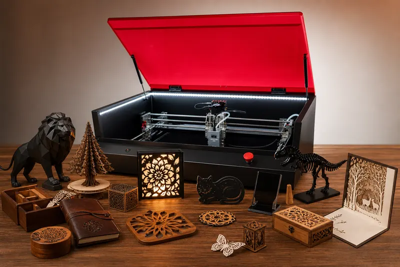 The Magia Roja CNC with its red lid open, surrounded by fretwork and engraved pieces: animal figures, boxes, a notebook, a lit lamp and a pop-up card.